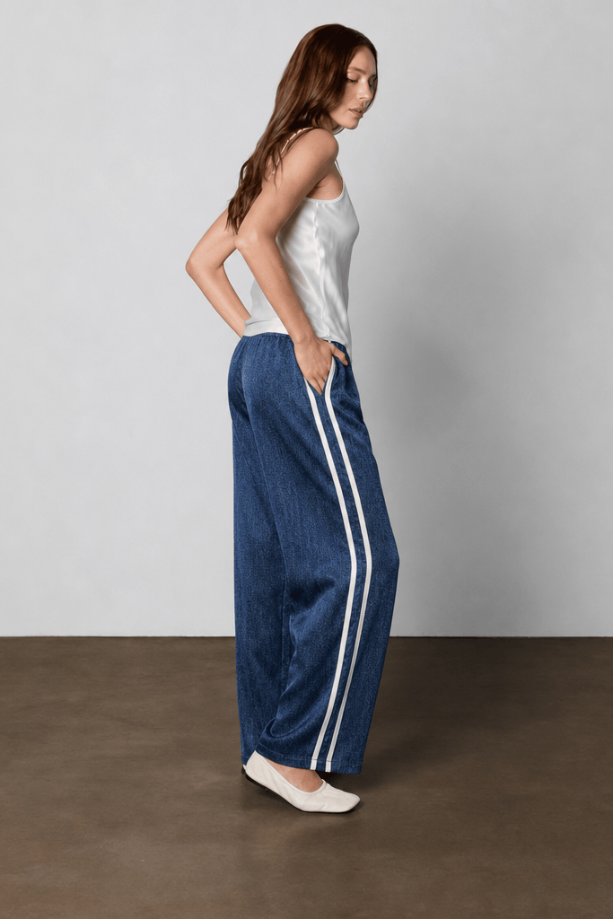 Denim Silk Track Pants White Stripes-Dark Wash