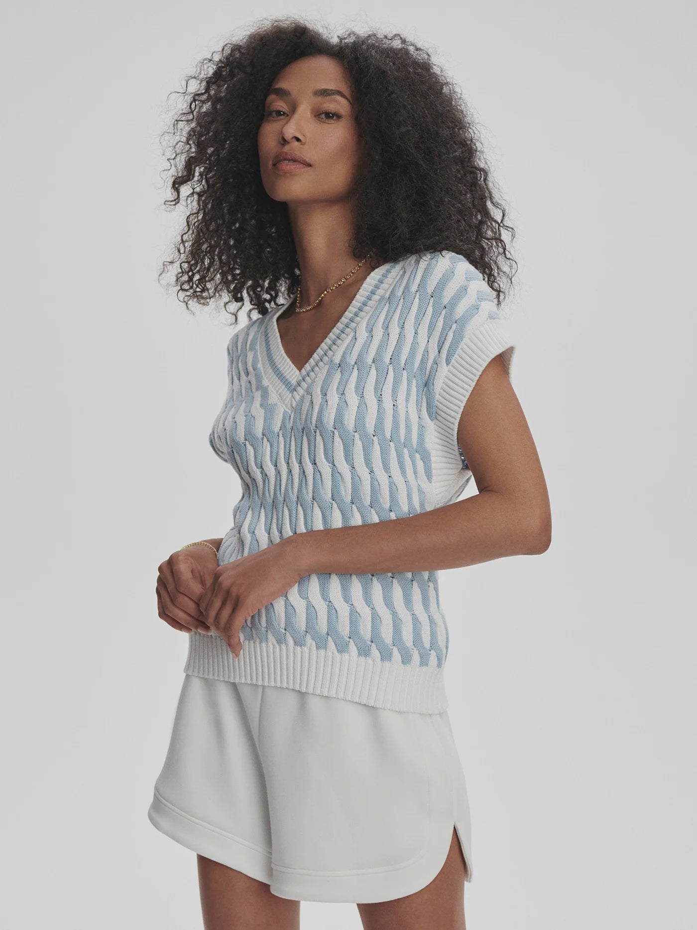 Alfie Cable Knit Vest - White Celestial Blue