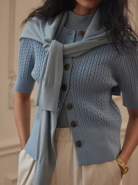 Rhys Short Sleeve Cardigan - Stoney Blue