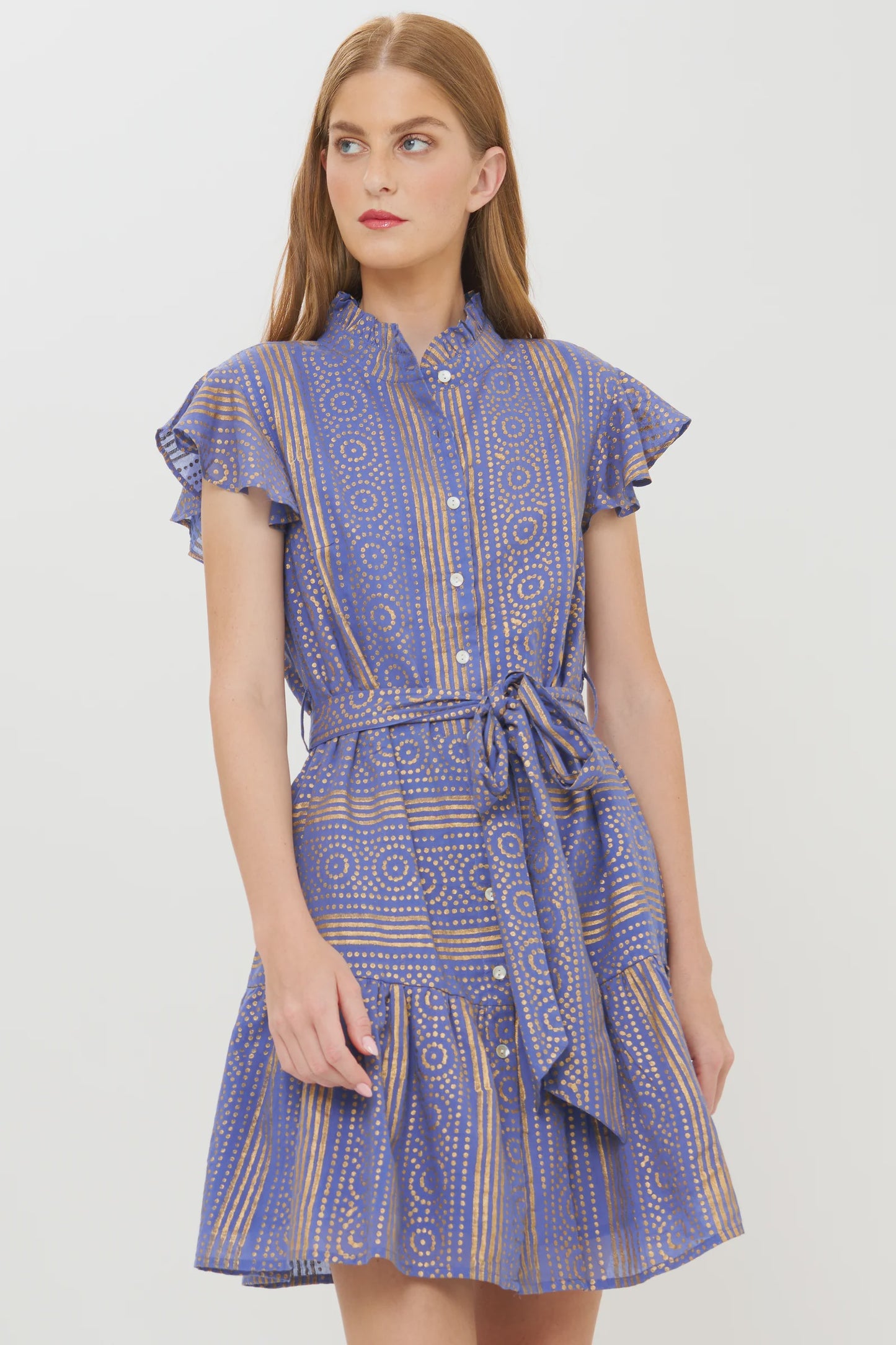 Ruffle Collar Button Mini-Helene Blue
