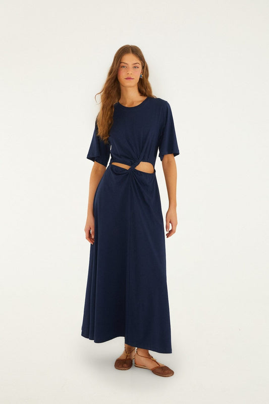 Dark Blue Cut-Out Short Sleeve Maxi Dress