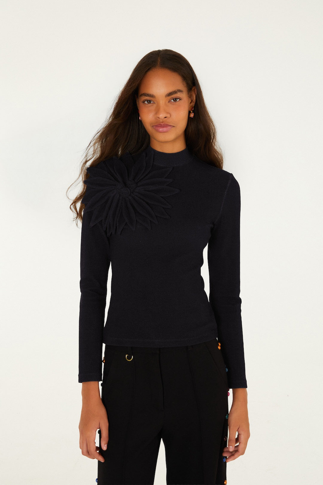 Black Long Sleeve Flower Top