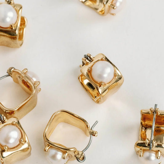 Vintage Mini Square Gold Pearl Huggie Hoop Earrings
