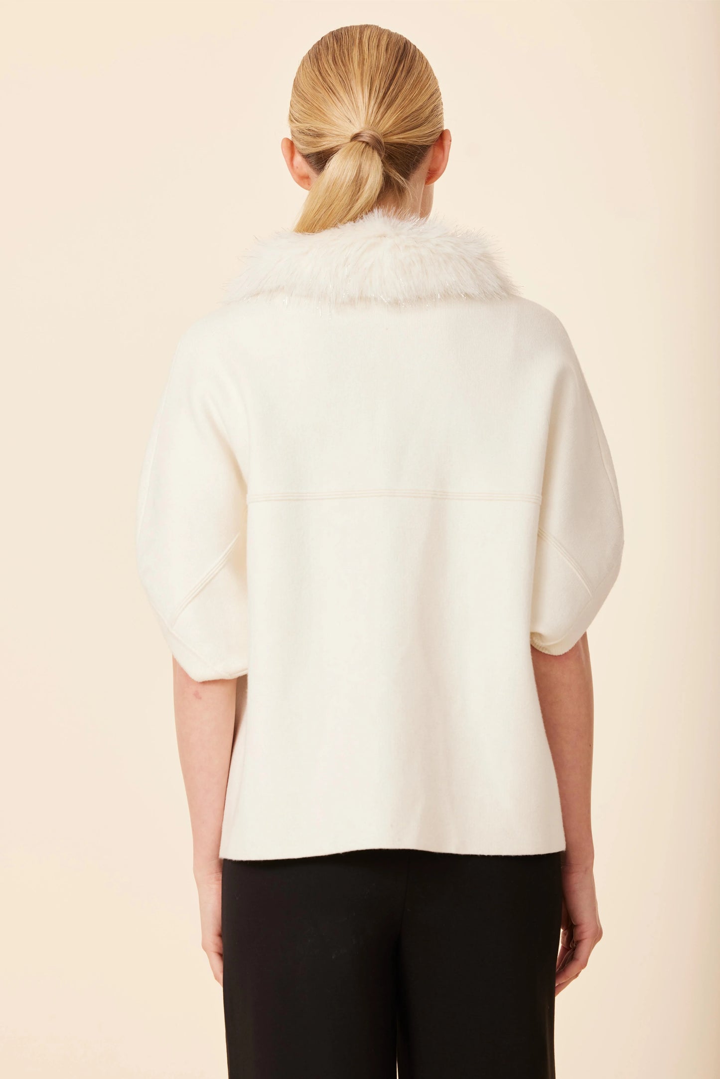 Metallic Faux Fur Trimmed Cocoon Cardigan - Ivory