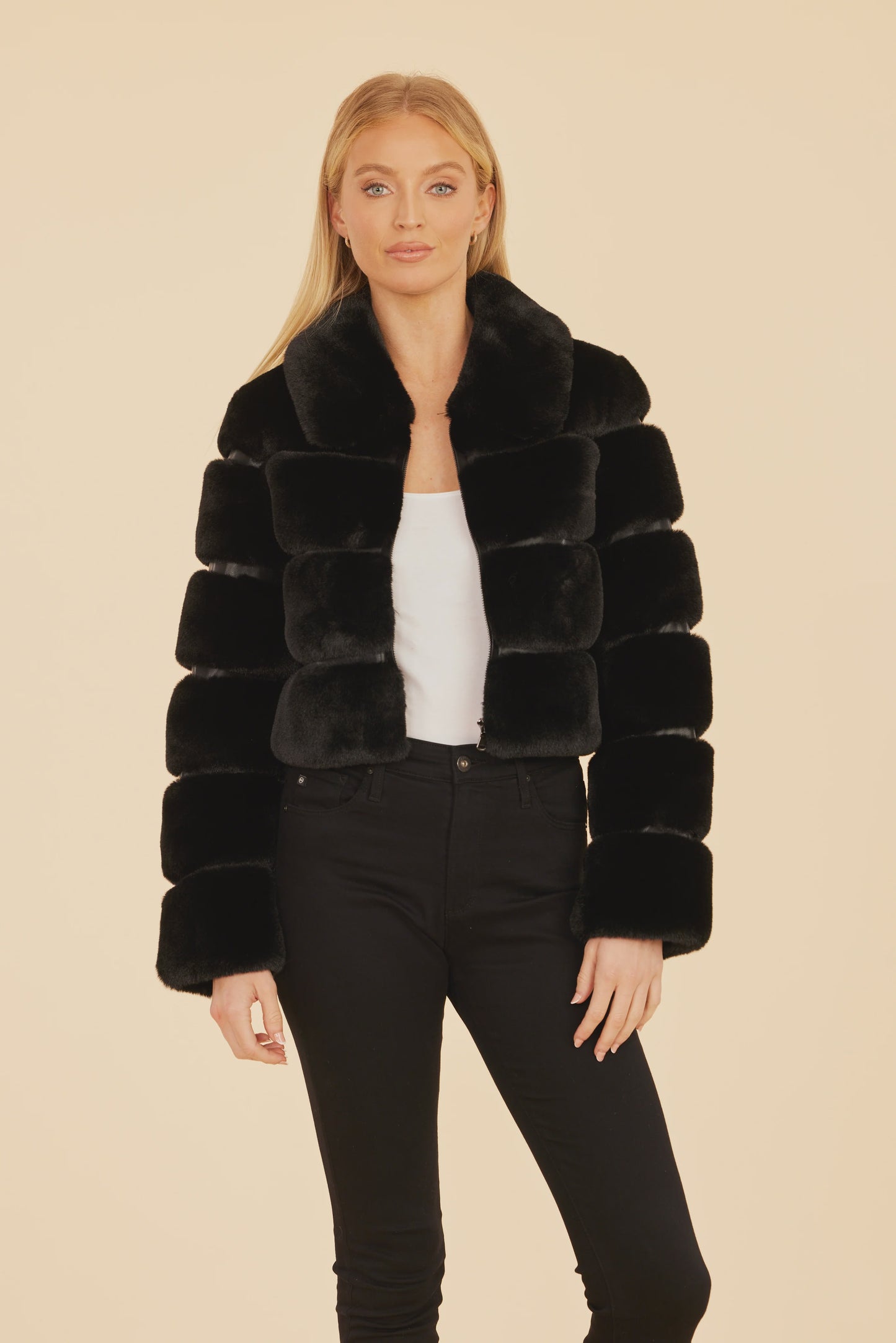 Black Paneled Faux Fur Jacket