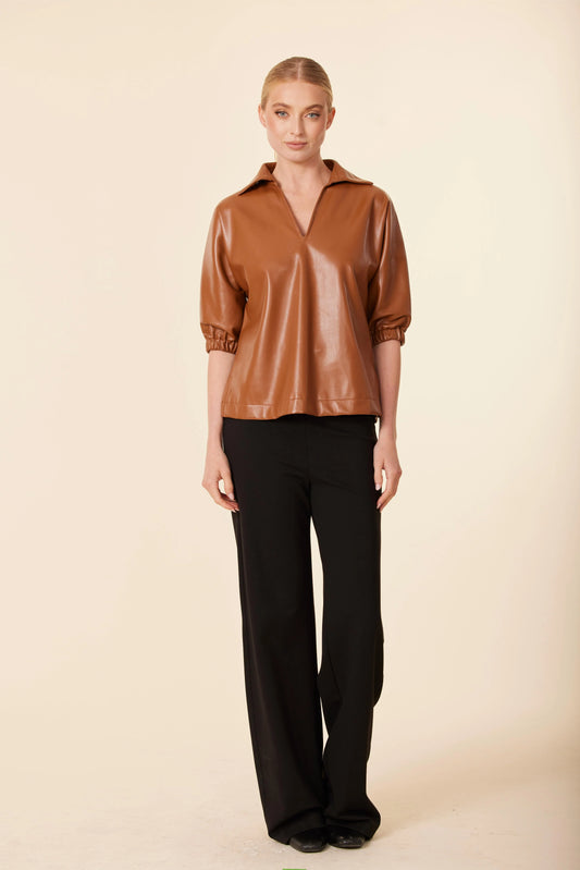 Vegan Leather V Neck Short Sleeve Top - Saddle