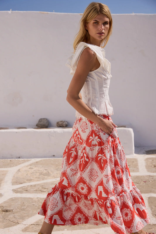 Button Front Skirt - Asterias Red