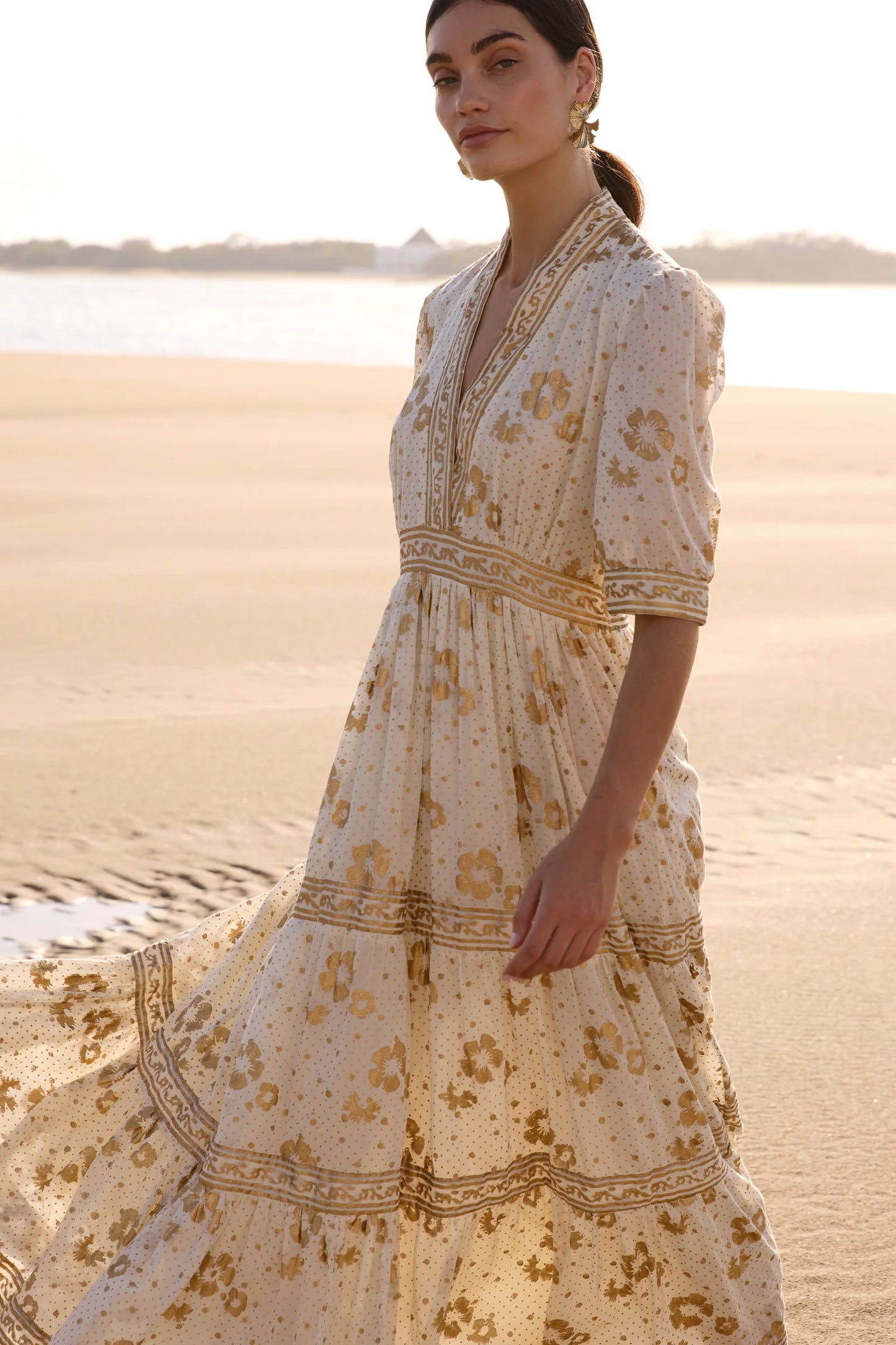 Cuffed V-neck Maxi - Carlin Cream Gold