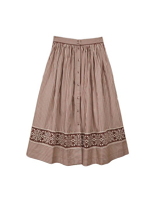 Colette Midi Skirt - Brown Stripe Embroidered
