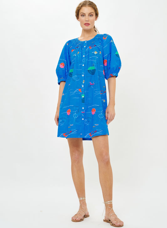 Embroidered Mini Dress - Dip Blue