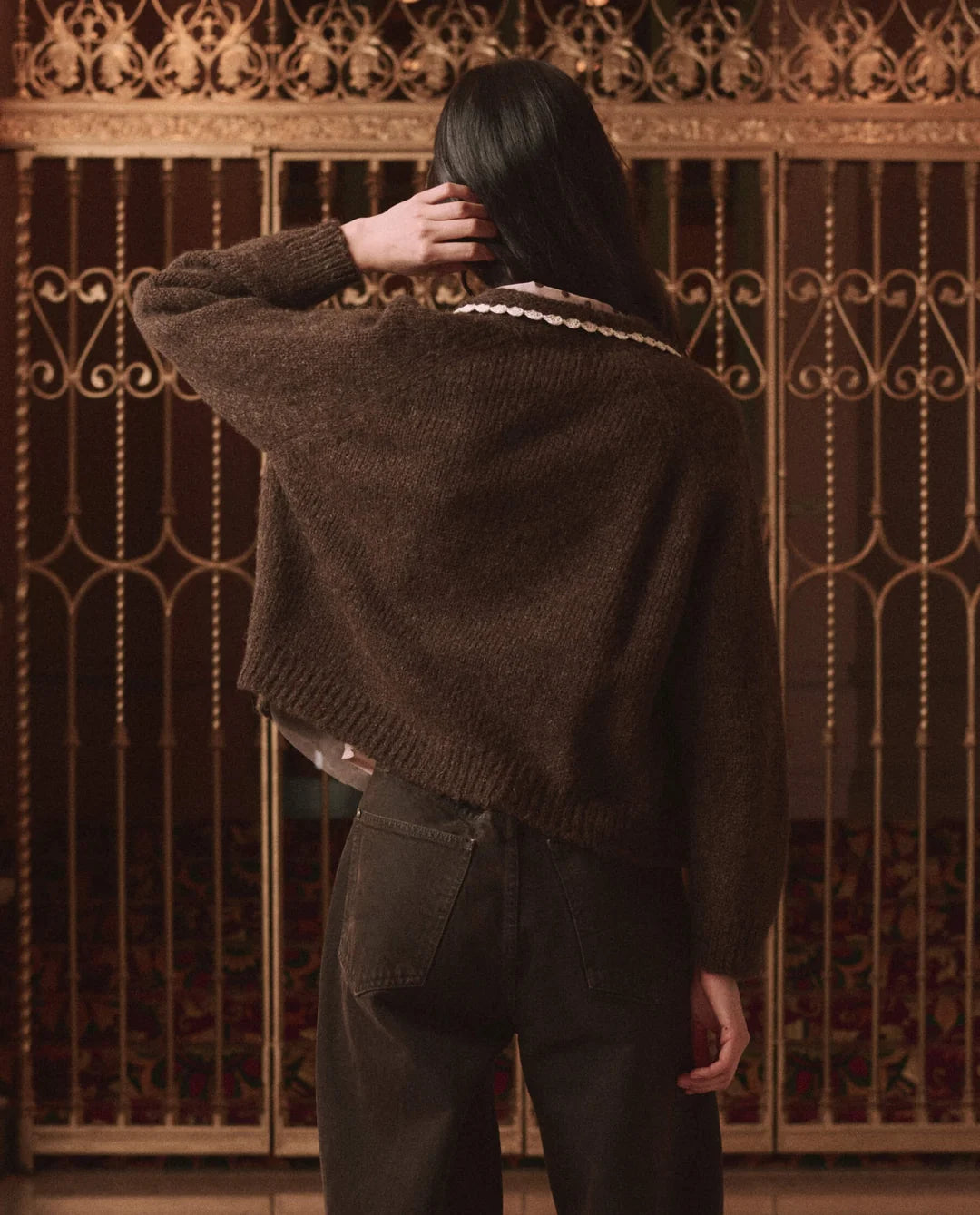 Crochet Collar Cardigan-Chocolate