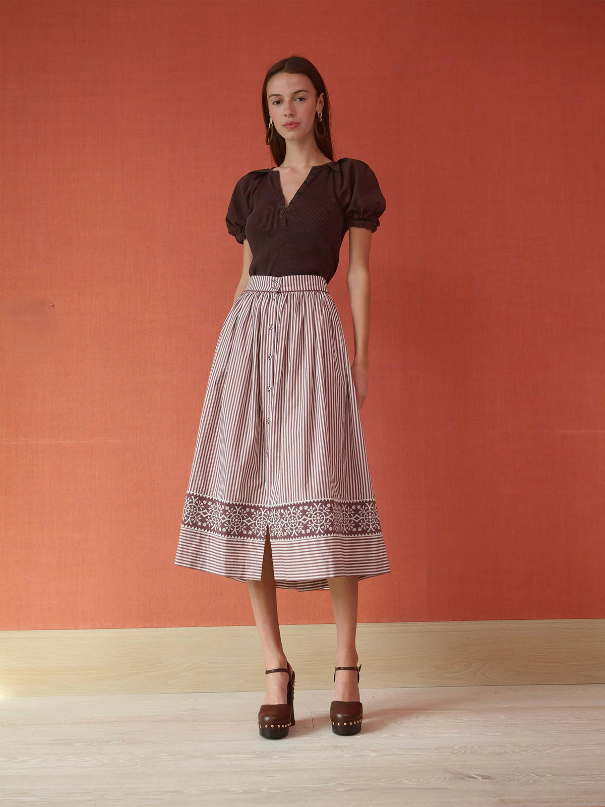 Colette Midi Skirt - Brown Stripe Embroidered
