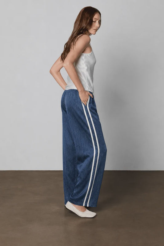 Denim Silk Track Pants White Stripes-Dark Wash