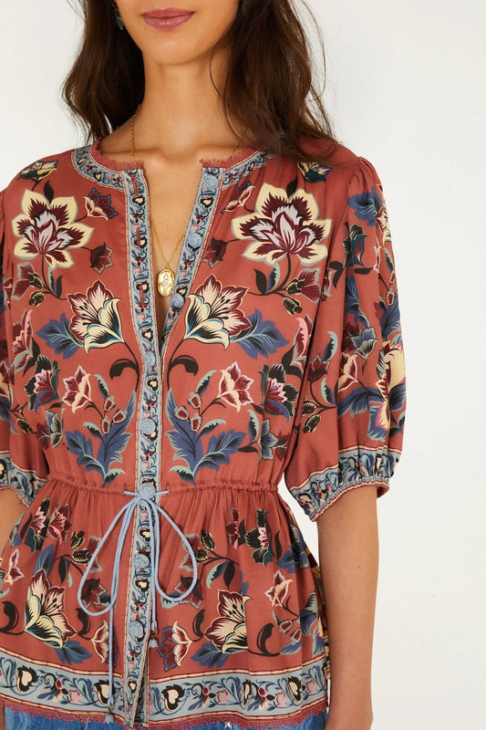 Floral Beauty Tapestry Drawstring Blouse