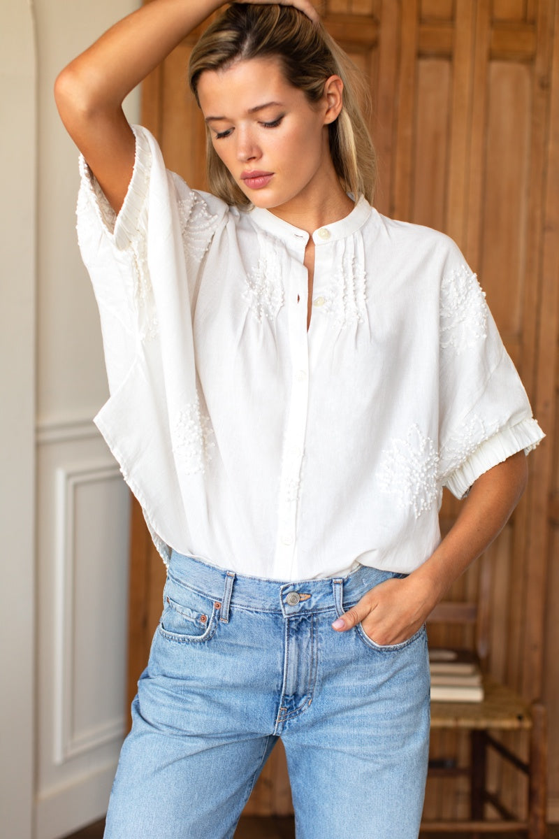 Mandarin Collar Top - French Knot Floral Ivory