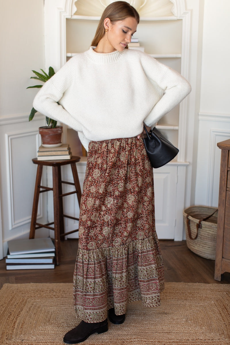 Shirred Skirt - Vintage Floral Stripe Terracotta