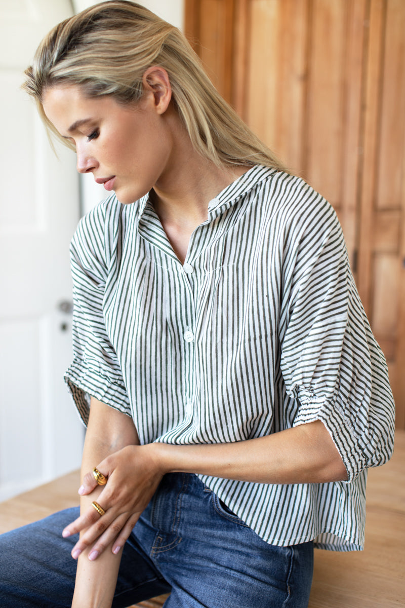 Mandarin Collar Top - Moss Stripe Organic