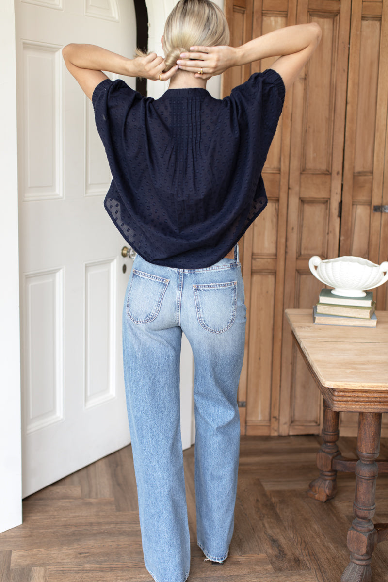 Mandarin Collar Top - Maritime Swiss Dot Organic