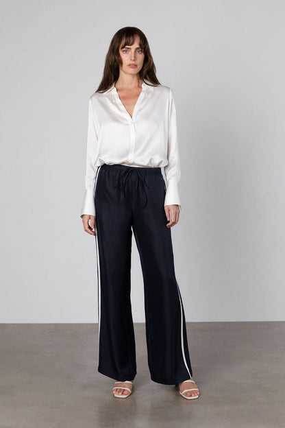 Navy Blue Silk Track Pants White Double Stripes