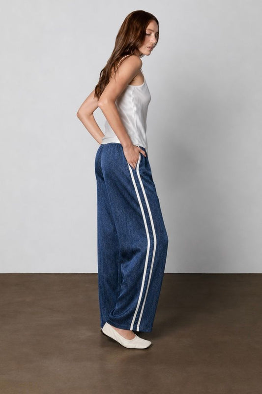 Denim Silk Track Pants White Stripes-Dark Wash