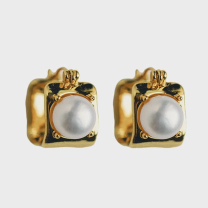 Vintage Mini Square Gold Pearl Huggie Hoop Earrings
