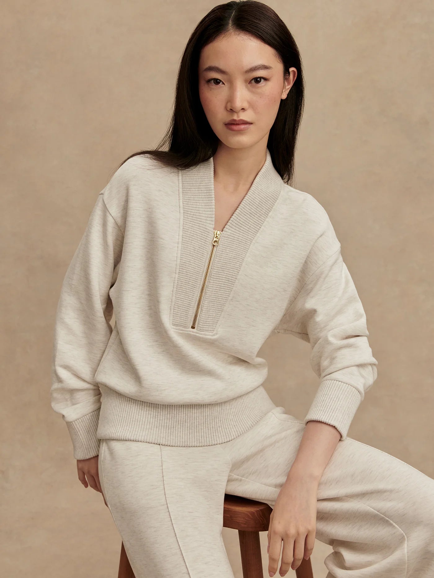Sally Half-Zip Sweat - Ivory Marl