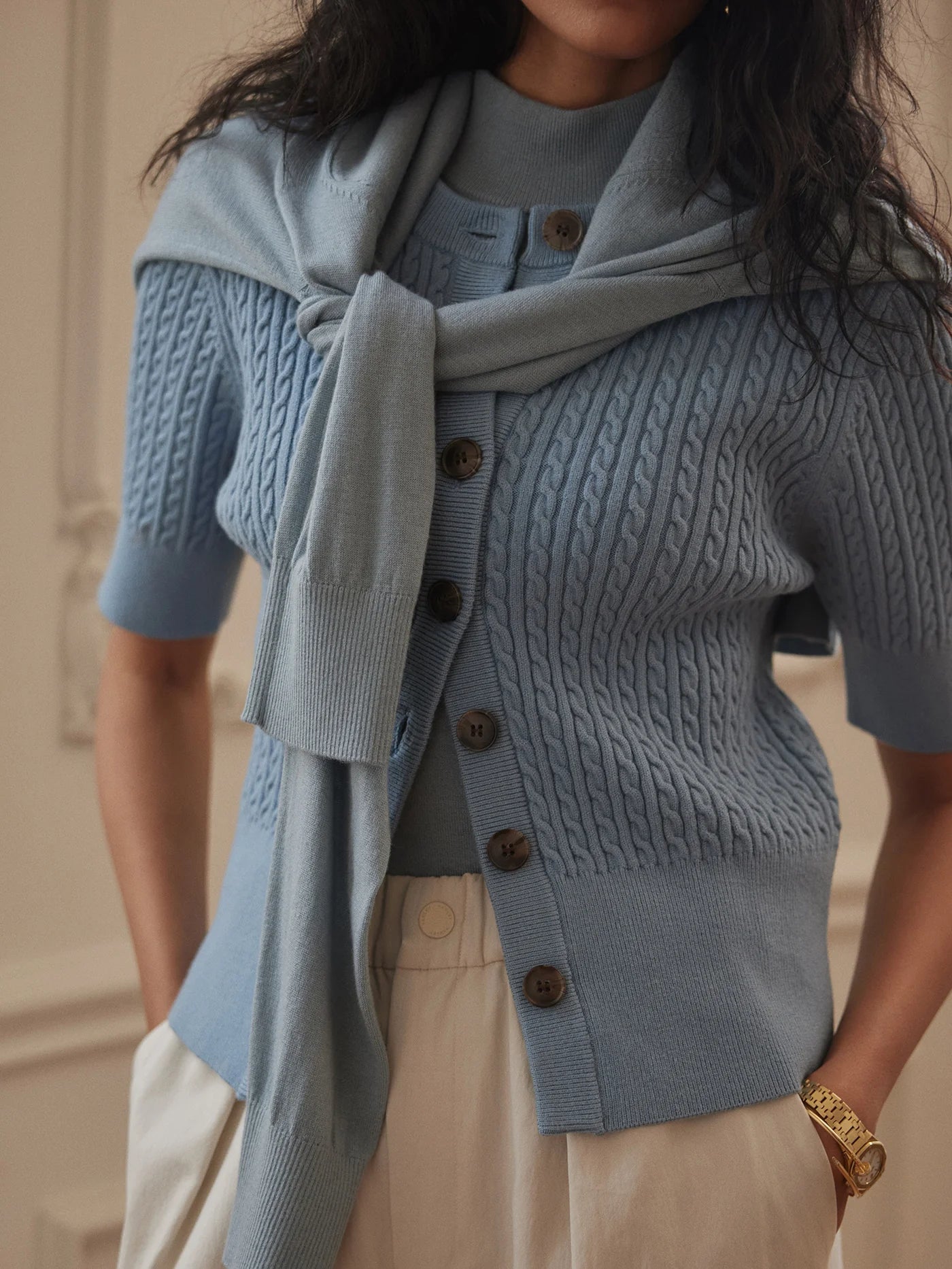 Rhys Short Sleeve Cardigan - Stoney Blue