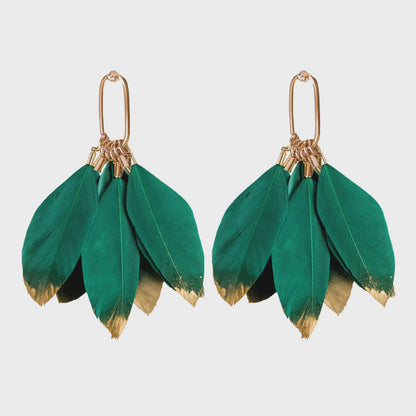 Emerald Gold Dipped Fall Feather Tassel Earrings