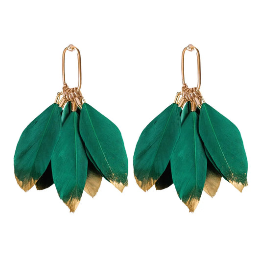 Emerald Gold Dipped Fall Feather Tassel Earrings