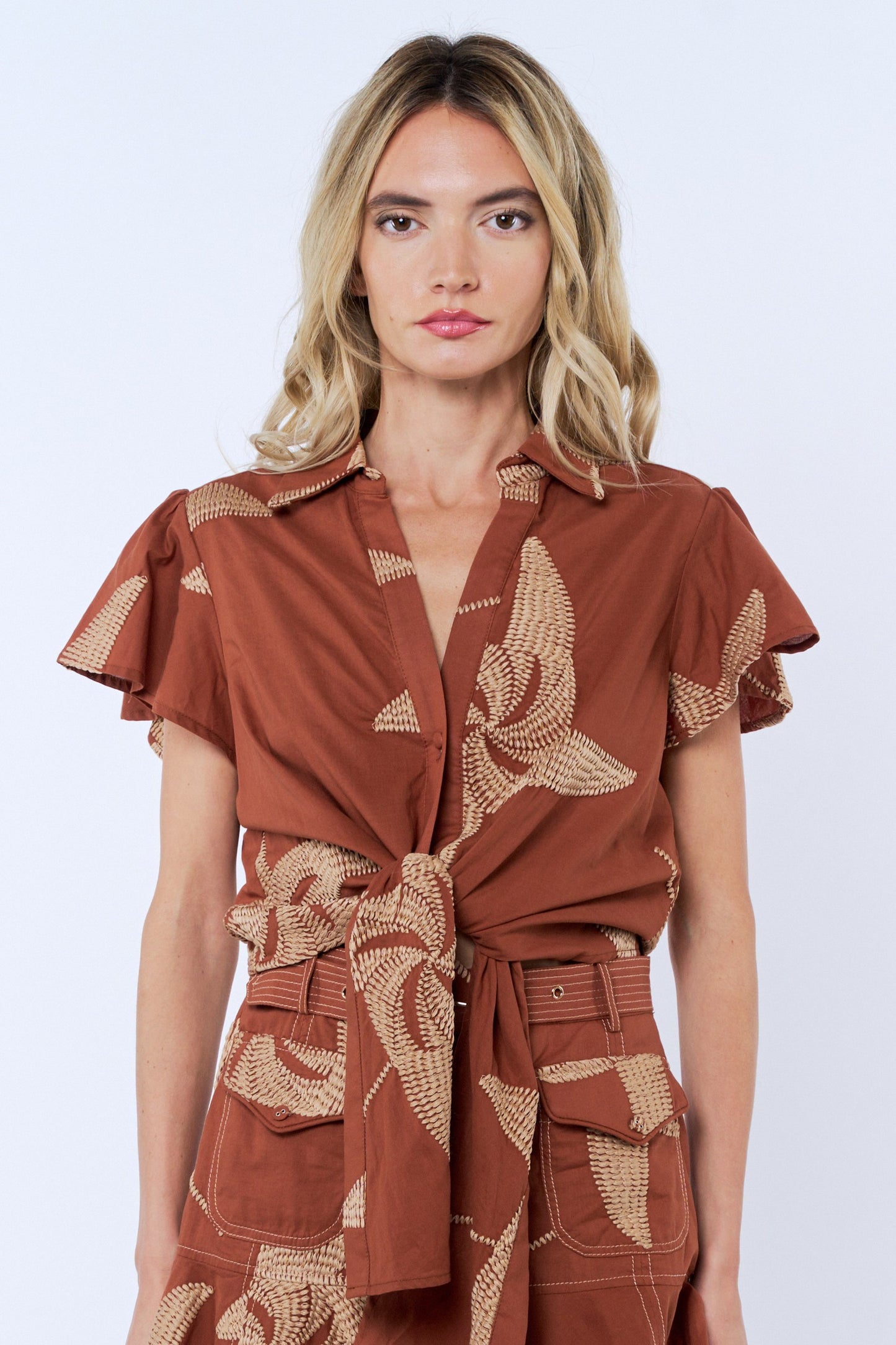 Renna Topstitch Button-Up Tie Front Top