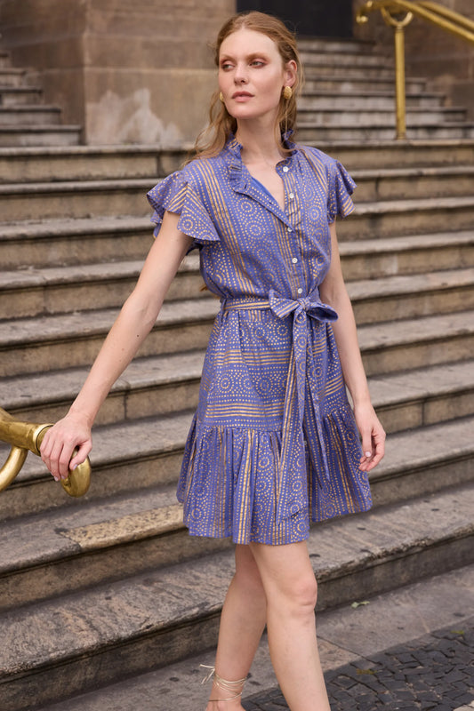 Ruffle Collar Button Mini-Helene Blue