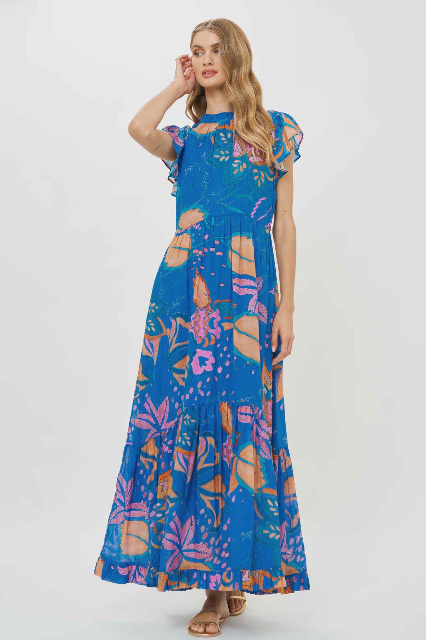 Mock Neck Flutter Maxi- Antico Blue