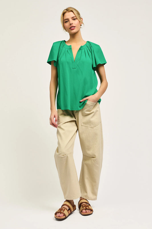 Split Neck Short Sleeve Top - Green