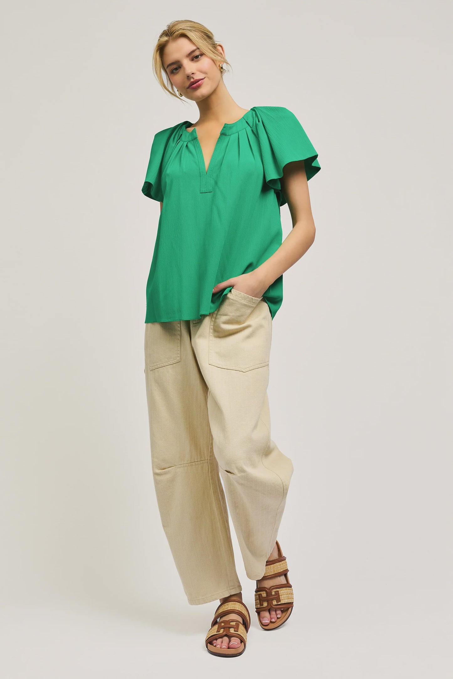 Split Neck Short Sleeve Top - Green