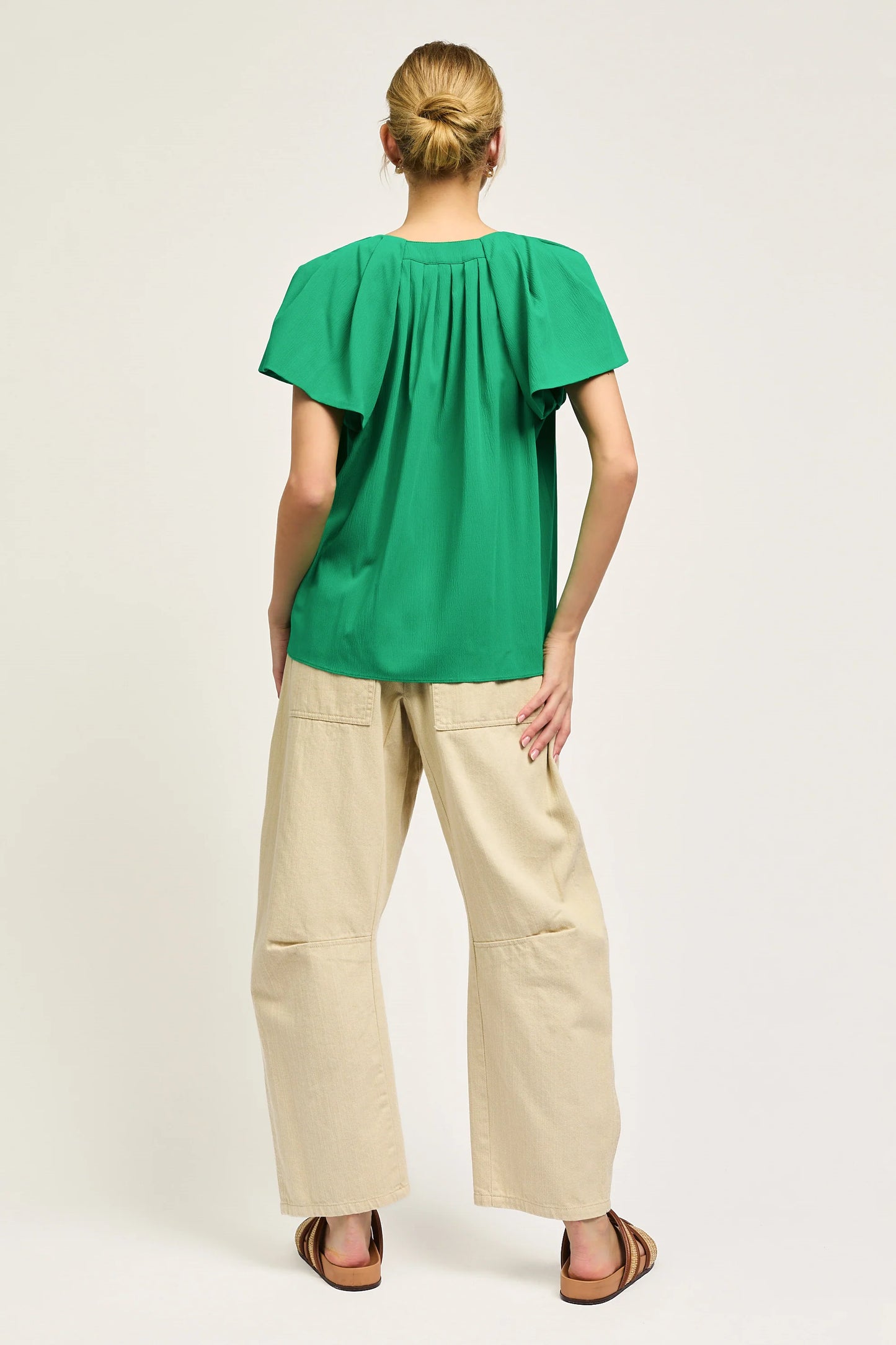 Split Neck Short Sleeve Top - Green