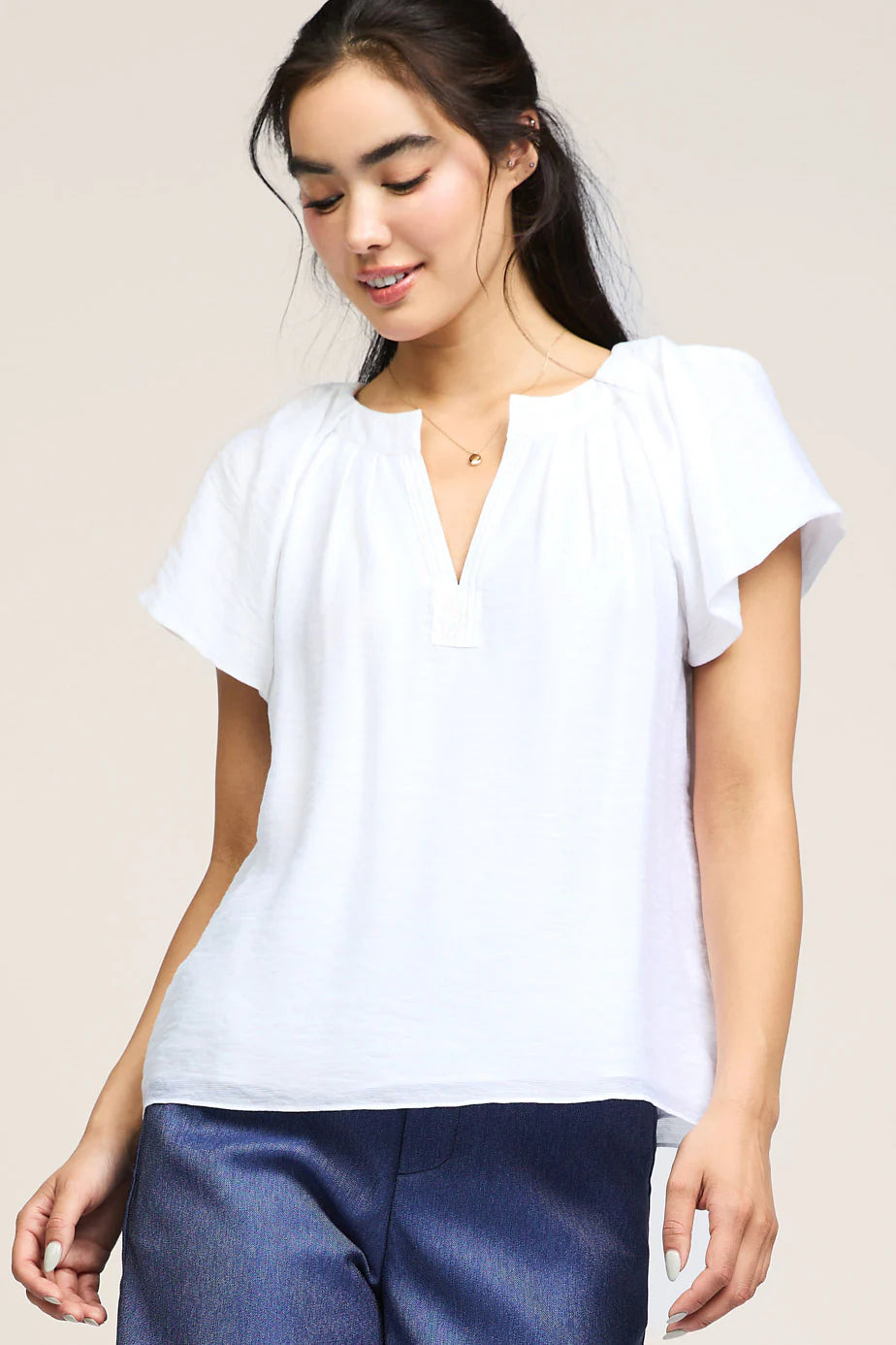 Split Neck Short Sleeve Top - White