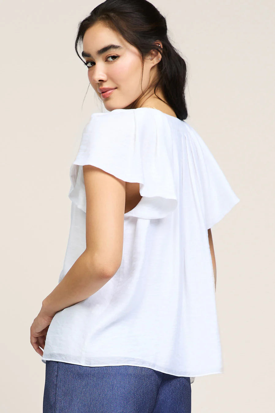 Split Neck Short Sleeve Top - White