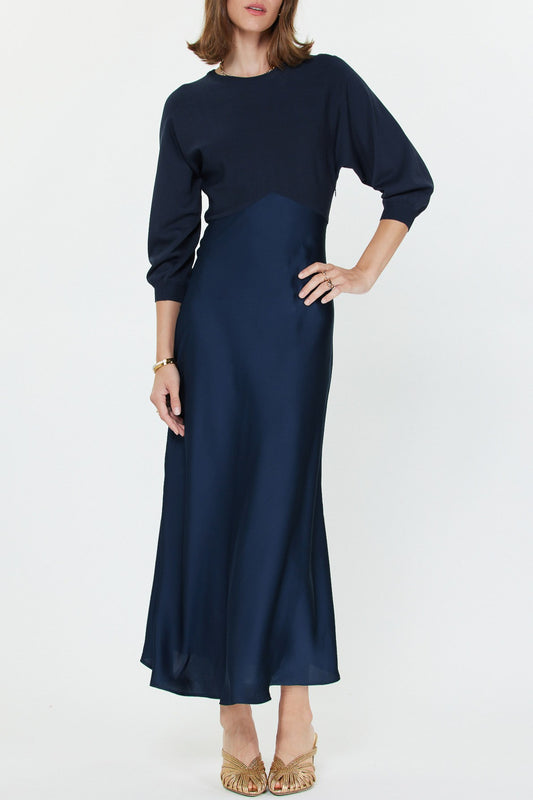 Contrast Knit Midi Dress - Navy