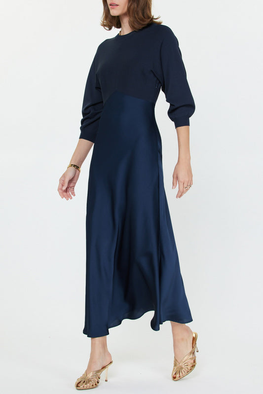 Contrast Knit Midi Dress - Navy