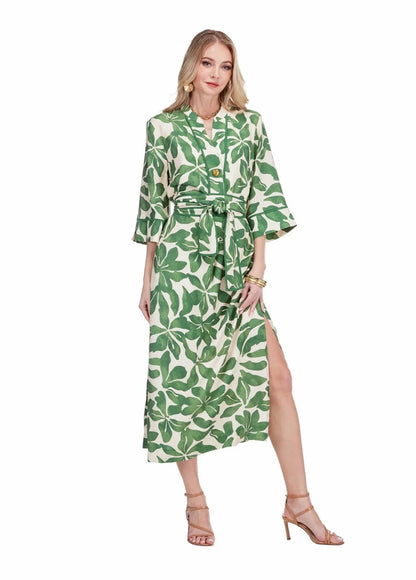 Verdant Leaf Belted Maxi Dress