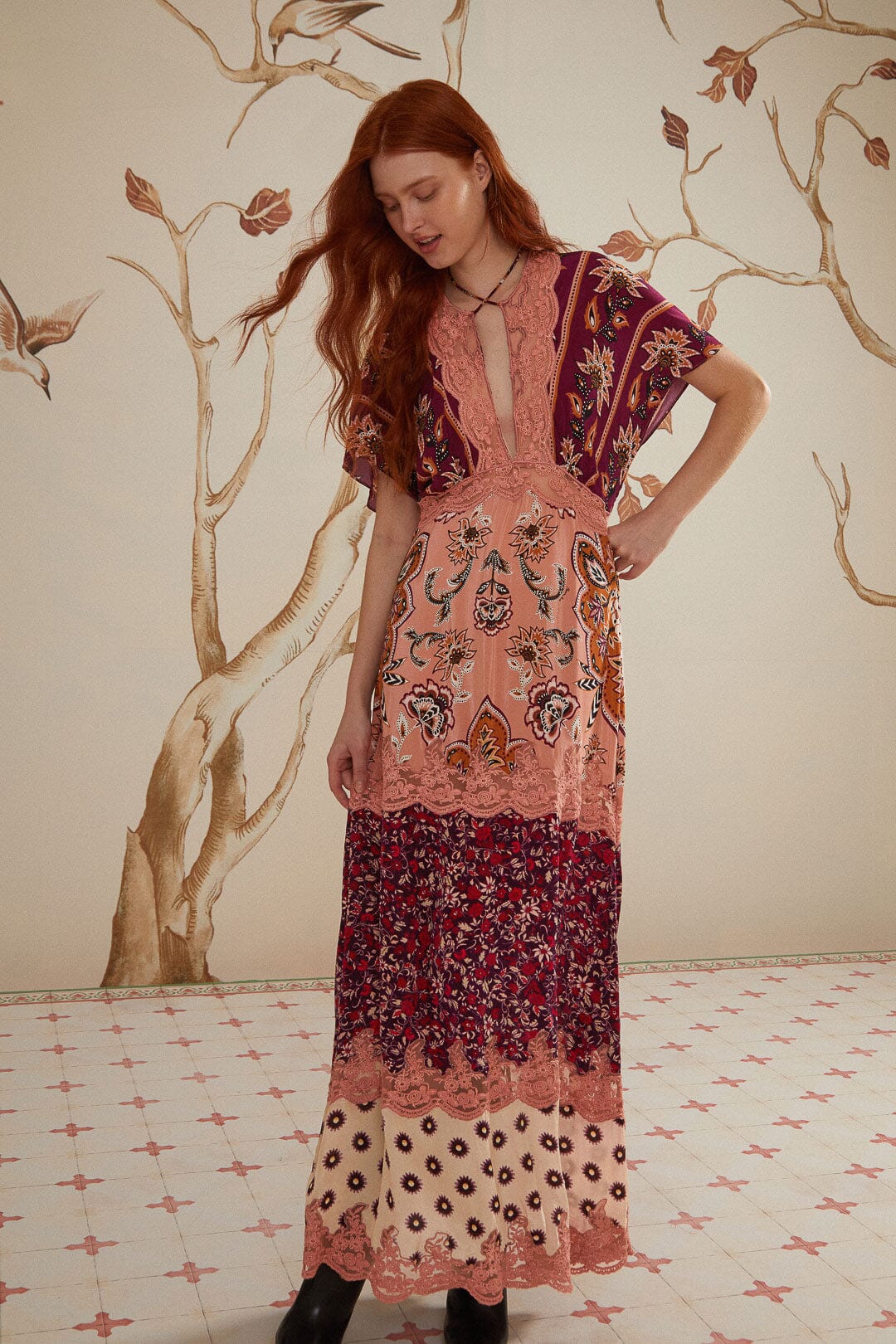 Glam Tapestry Lace Trim Maxi Dress