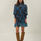 Blue Arabesque Floral High Neck Mini Dress