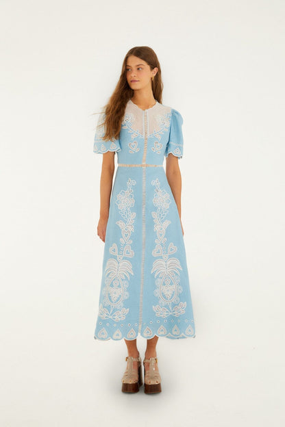 Light Blue Embroidered Midi Dress