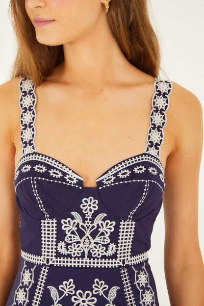 Blue Richelieu Embroidered Midi Dress