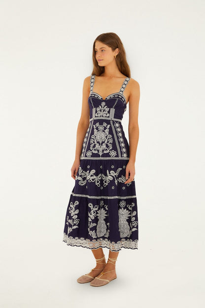Blue Richelieu Embroidered Midi Dress