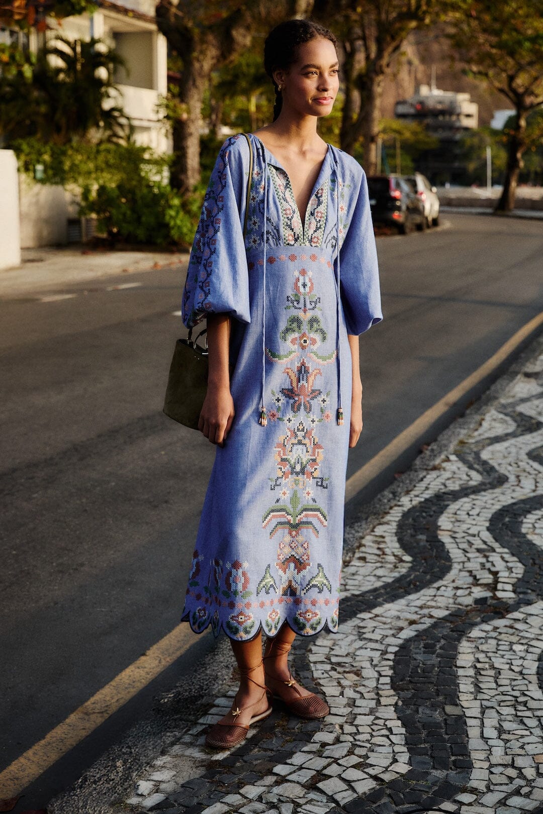 Blue Garden Tapestry Embroidered Midi Dress