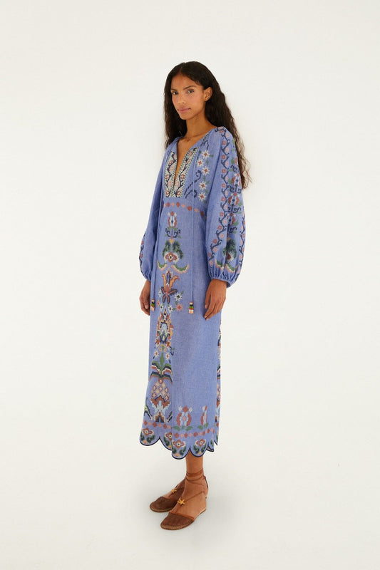 Blue Garden Tapestry Embroidered Midi Dress