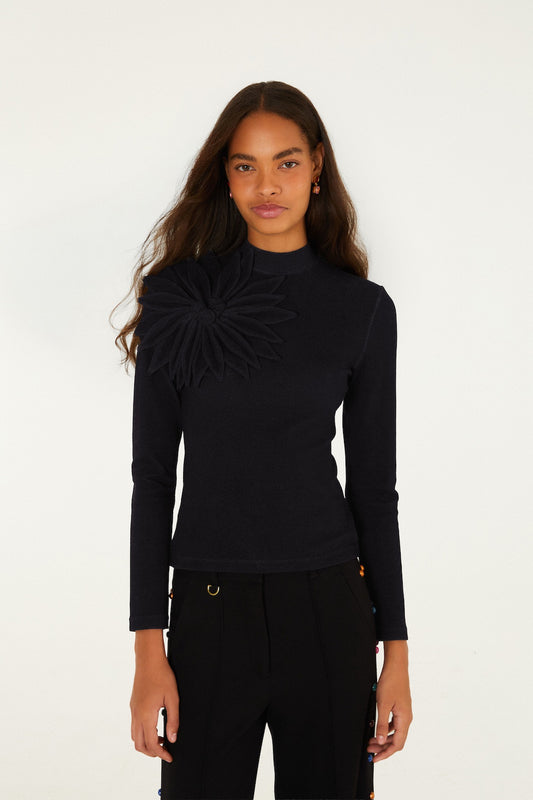 Black Long Sleeve Flower Top