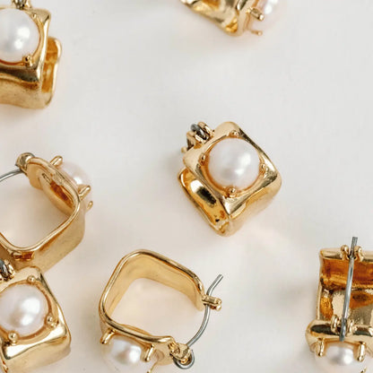 Vintage Mini Square Gold Pearl Huggie Hoop Earrings
