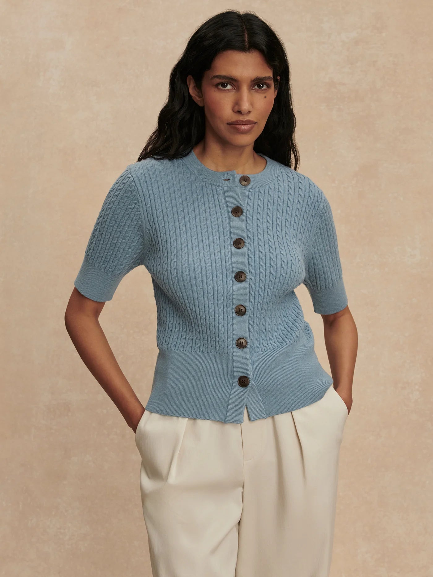 Rhys Short Sleeve Cardigan - Stoney Blue